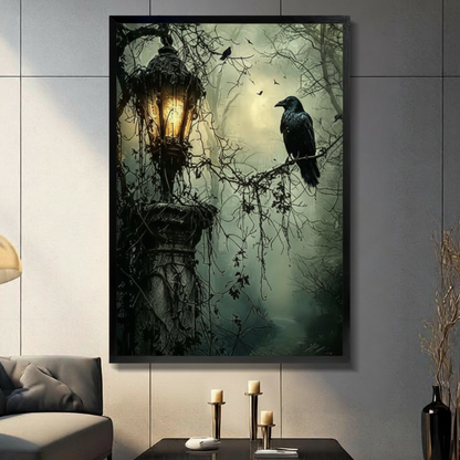 Black framed gothic raven and vintage lantern canvas wall art with dark misty forest background displayed in a modern gray living room with candlestick holders and tall black decorative vase