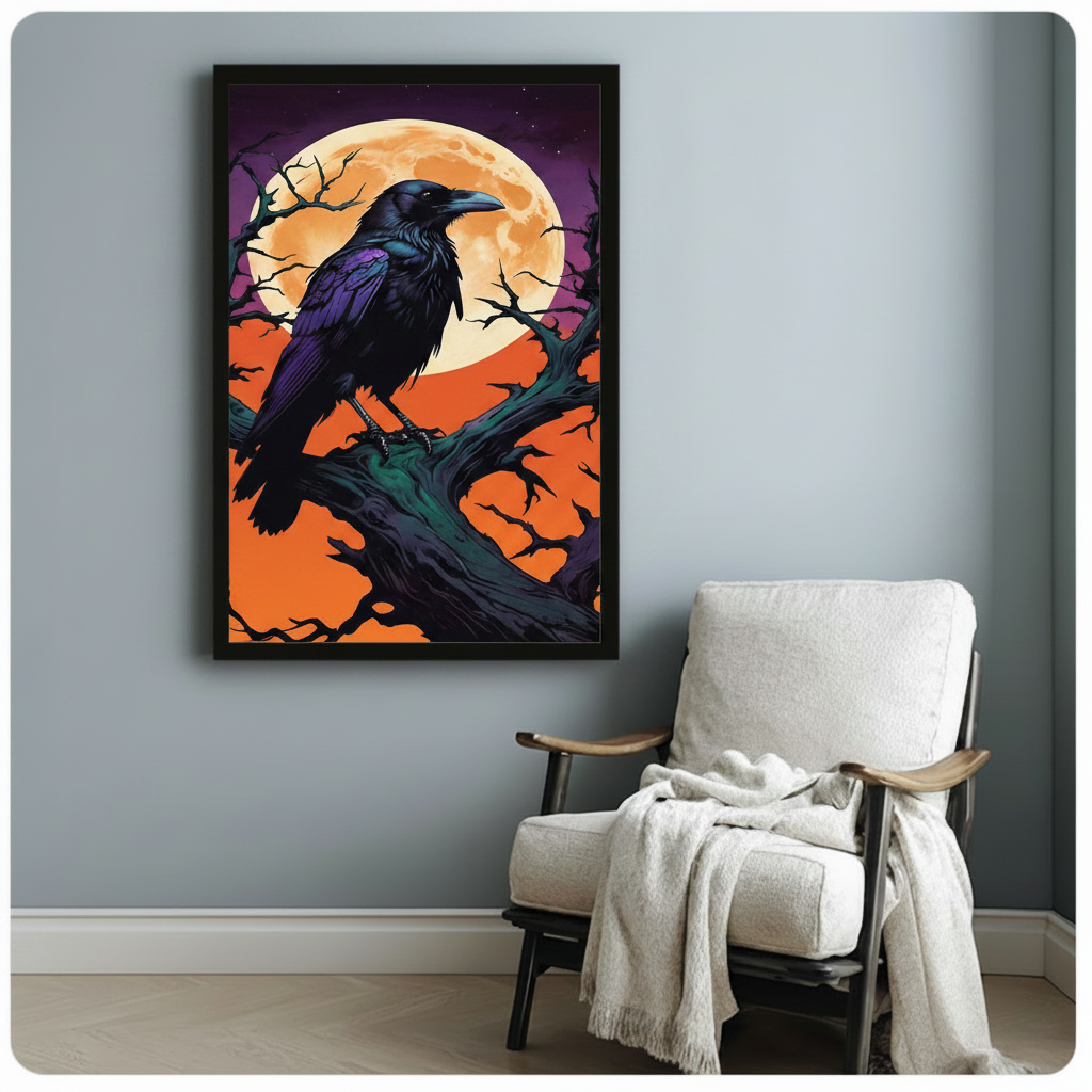 Black-framed gothic raven wall art featuring a dark crow on a twisted branch silhouetted against a glowing full moon and vivid orange-purple sky, styled on a soft grey wall beside a white linen armchair