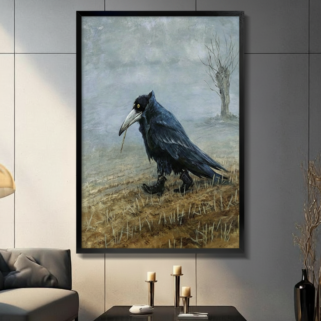 Gothic raven moody landscape impasto canvas wall art in black float frame on dark gray tile wall above console table with candle holders beside gray sofa in modern American living room, solitary raven walking through misty winter field with bare tree on blue-grey background