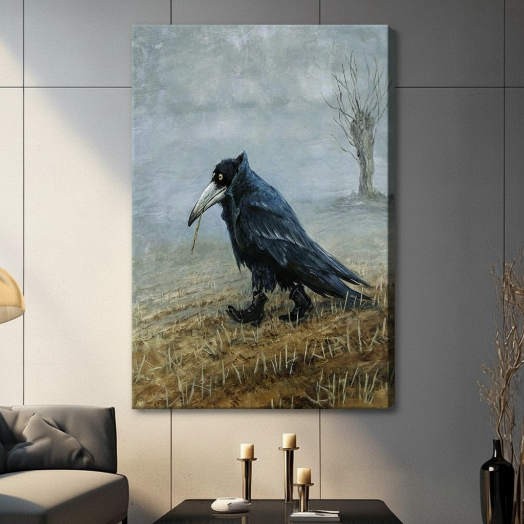 Gothic raven moody landscape impasto stretched canvas wall art without frame on dark gray tile wall above console table with candle holders beside gray sofa in modern American living room, gallery-wrapped atmospheric wildlife painting of solitary raven striding through golden winter grass under misty blue-grey sky
