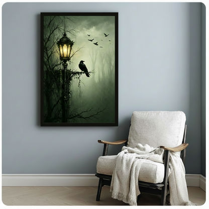 gothic raven framed canvas art blue gray wall white armchair dark moody forest bedroom decor