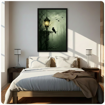 gothic raven canvas wall art black frame bedroom moody green forest atmospheric dark decor