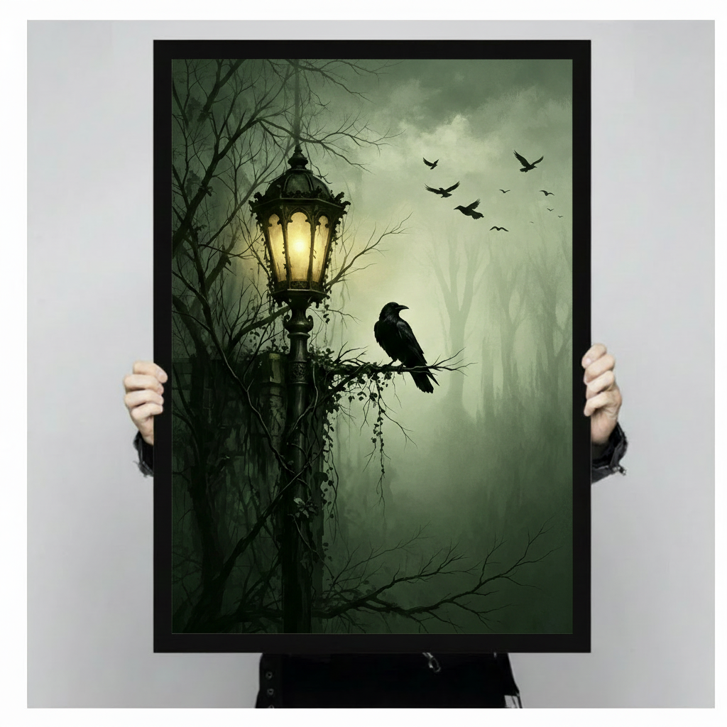 hand held gothic raven street lamp framed print dark green misty forest moody wall art