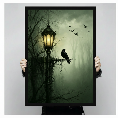 hand held gothic raven street lamp framed print dark green misty forest moody wall art
