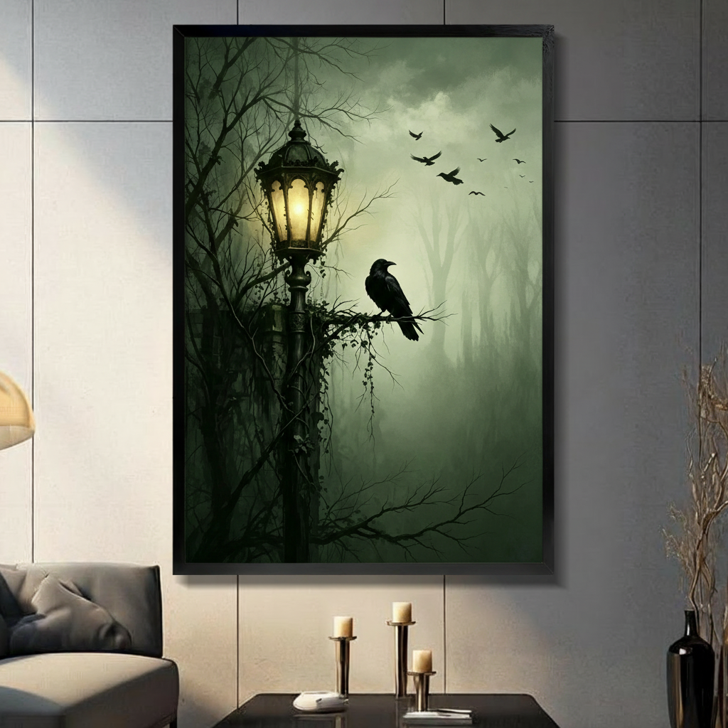 dark raven street lamp framed print living room gray wall candle holders gothic wall art