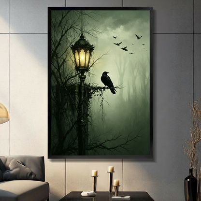 dark raven street lamp framed print living room gray wall candle holders gothic wall art