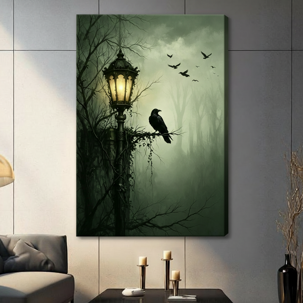 gothic raven stretched canvas living room no frame misty green forest moody atmospheric wall decor