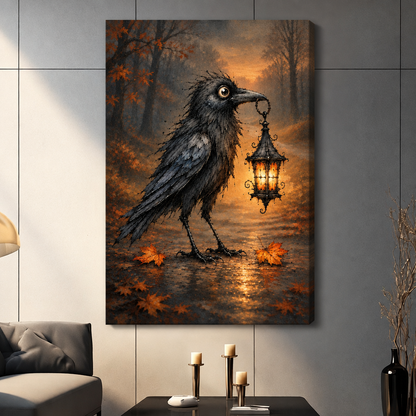 Gothic oil painting of a scruffy black raven with a large eye holding a glowing ornate lantern in its beak on a misty autumn forest path with orange fallen leaves halloween wall art stretched canvas dark panel wall living room