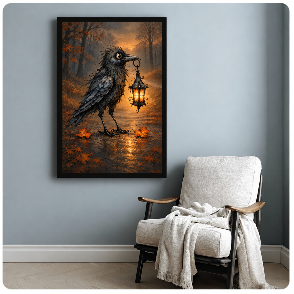 Gothic oil painting of a scruffy black raven with a large eye holding a glowing ornate lantern in its beak on a misty autumn forest path with orange fallen leaves halloween wall art framed print beside armchair blue-gray wall