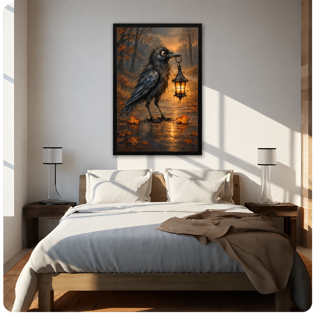 Gothic oil painting of a scruffy black raven with a large eye holding a glowing ornate lantern in its beak on a misty autumn forest path with orange fallen leaves halloween wall art framed print above bed sunlit bedroom