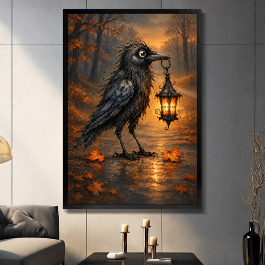 Gothic oil painting of a scruffy black raven with a large eye holding a glowing ornate lantern in its beak on a misty autumn forest path with orange fallen leaves halloween wall art framed print dark panel wall living room