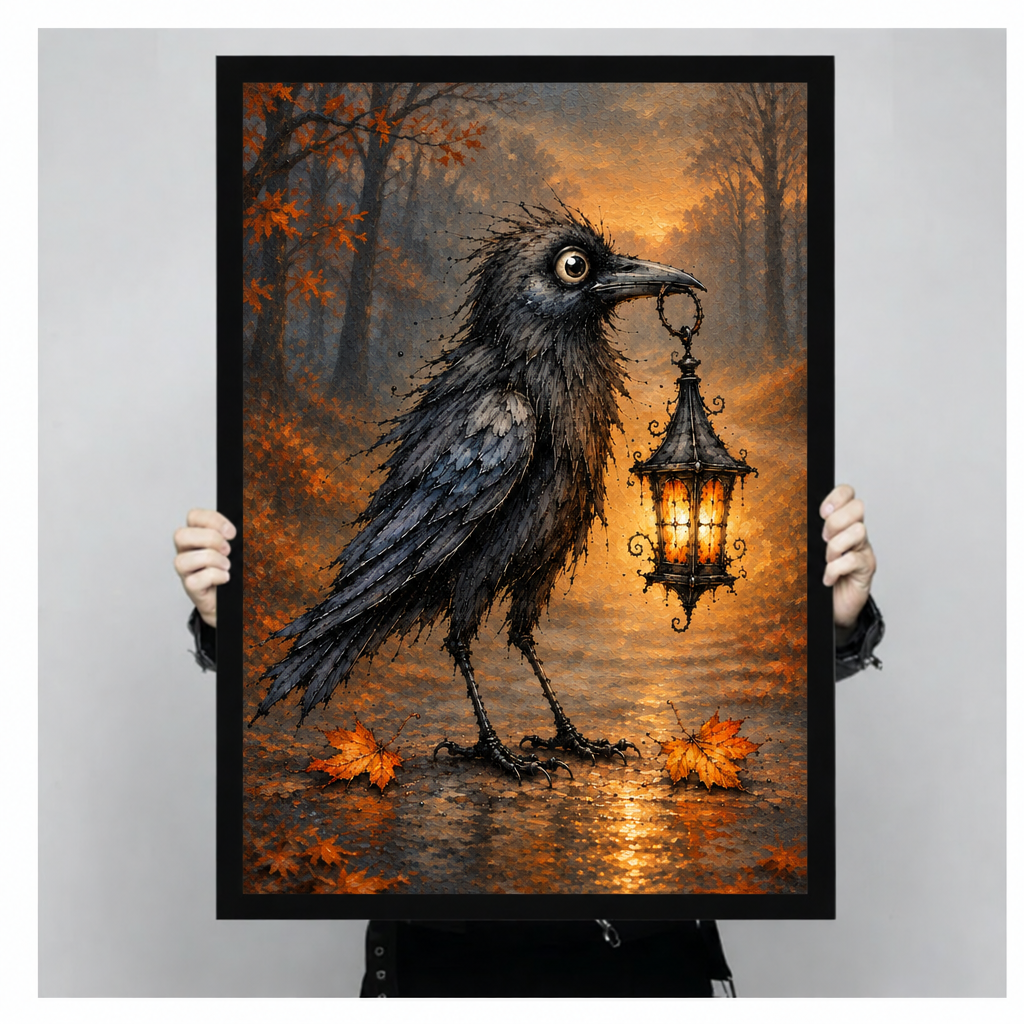 Gothic oil painting of a scruffy black raven with a large eye holding a glowing ornate lantern in its beak on a misty autumn forest path with orange fallen leaves halloween wall art framed print held up