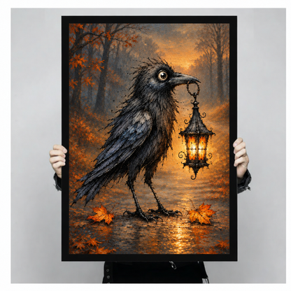 Gothic oil painting of a scruffy black raven with a large eye holding a glowing ornate lantern in its beak on a misty autumn forest path with orange fallen leaves halloween wall art framed print held up