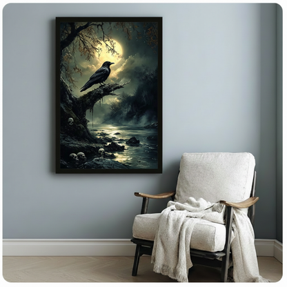 Gallery wrap stretched canvas of a solitary black raven on a mossy gnarled branch silhouetted against a golden full moon with swirling dark clouds a glowing fog-covered river and scattered skull bones on the shore gothic dark fantasy oil painting hung frameless on a gray tile wall