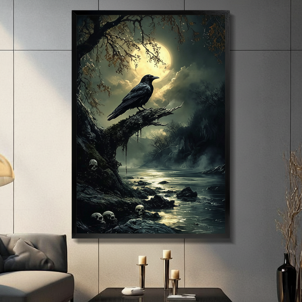 Black framed gothic dark fantasy black raven perched on a gnarled dead tree branch under a glowing full moon with misty river skulls scattered on the rocky shore and bare forest silhouettes dramatic oil painting canvas wall art hung in warm sunlight above a dark wood bed with white linen bedding
