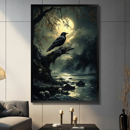 Black framed gothic dark fantasy black raven perched on a gnarled dead tree branch under a glowing full moon with misty river skulls scattered on the rocky shore and bare forest silhouettes dramatic oil painting canvas wall art hung in warm sunlight above a dark wood bed with white linen bedding