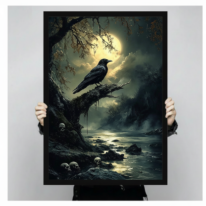 Black framed atmospheric gothic raven perched on a dead tree overlooking a moonlit dark river with skull-strewn rocky banks and eerie bare forest in deep teal and black tones dark fantasy oil painting canvas print hung on a soft blue-gray wall beside a white linen wood armchair with cream throw