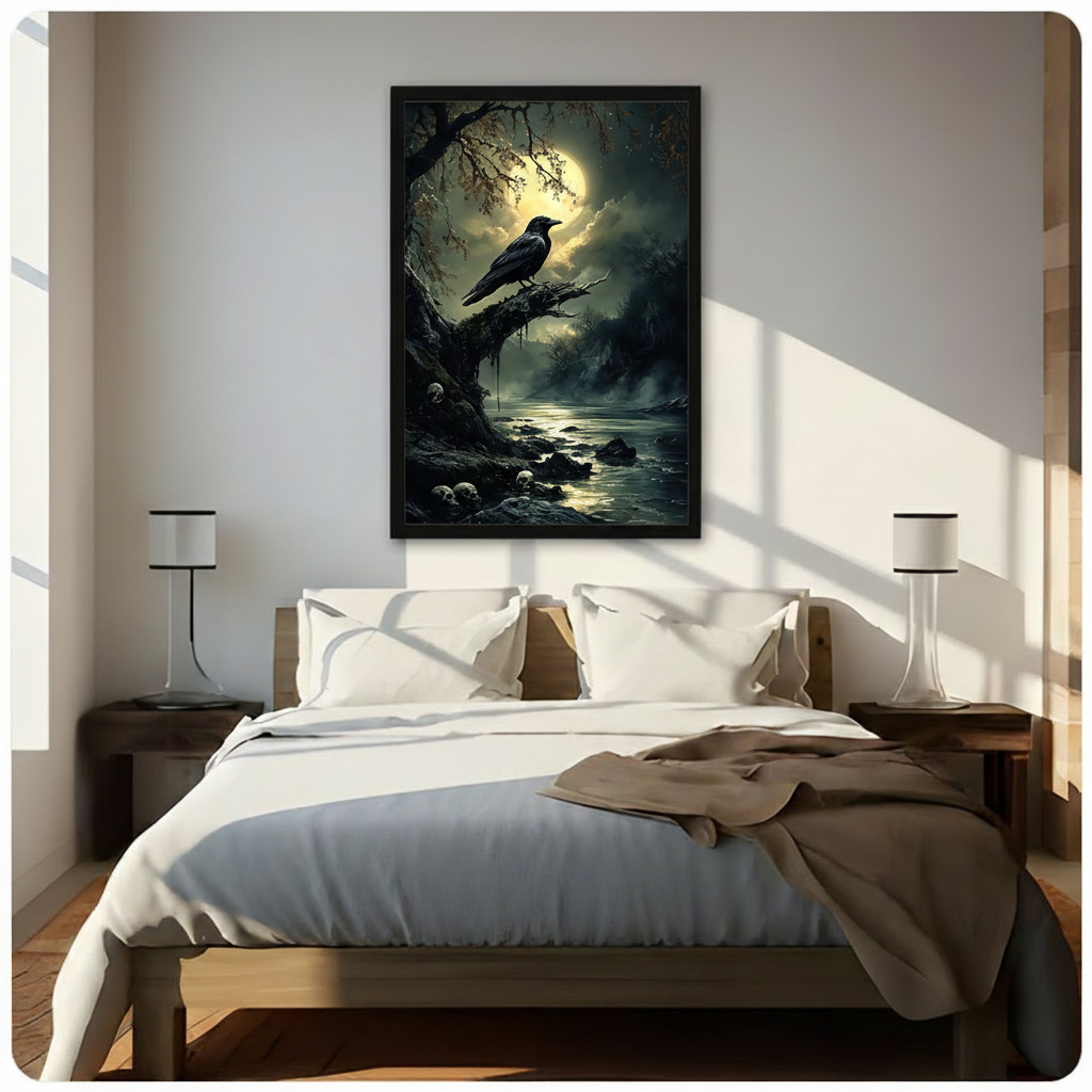 Two hands in black jacket sleeves holding a large black framed gothic dark fantasy raven on a twisted branch under a glowing full moon with misty river and scattered skulls dramatic oil painting canvas art print on deep teal black background, front-facing vertical product size display