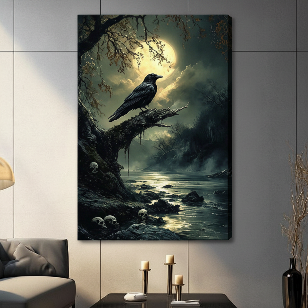 Black framed moody gothic raven standing on a twisted dead branch with a luminous full moon breaking through storm clouds above a dark misty river lined with human skulls and dead trees dark fantasy oil painting canvas wall art displayed in a gray living room with dark sofa and metal candlesticks