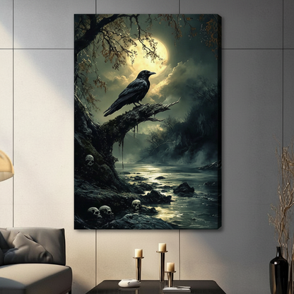 Black framed moody gothic raven standing on a twisted dead branch with a luminous full moon breaking through storm clouds above a dark misty river lined with human skulls and dead trees dark fantasy oil painting canvas wall art displayed in a gray living room with dark sofa and metal candlesticks