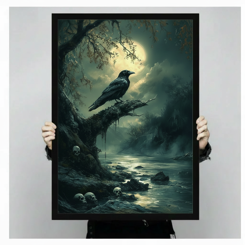 Woman holding gothic raven moonlit night canvas print — premium framed wall art gift for dark academia home decor