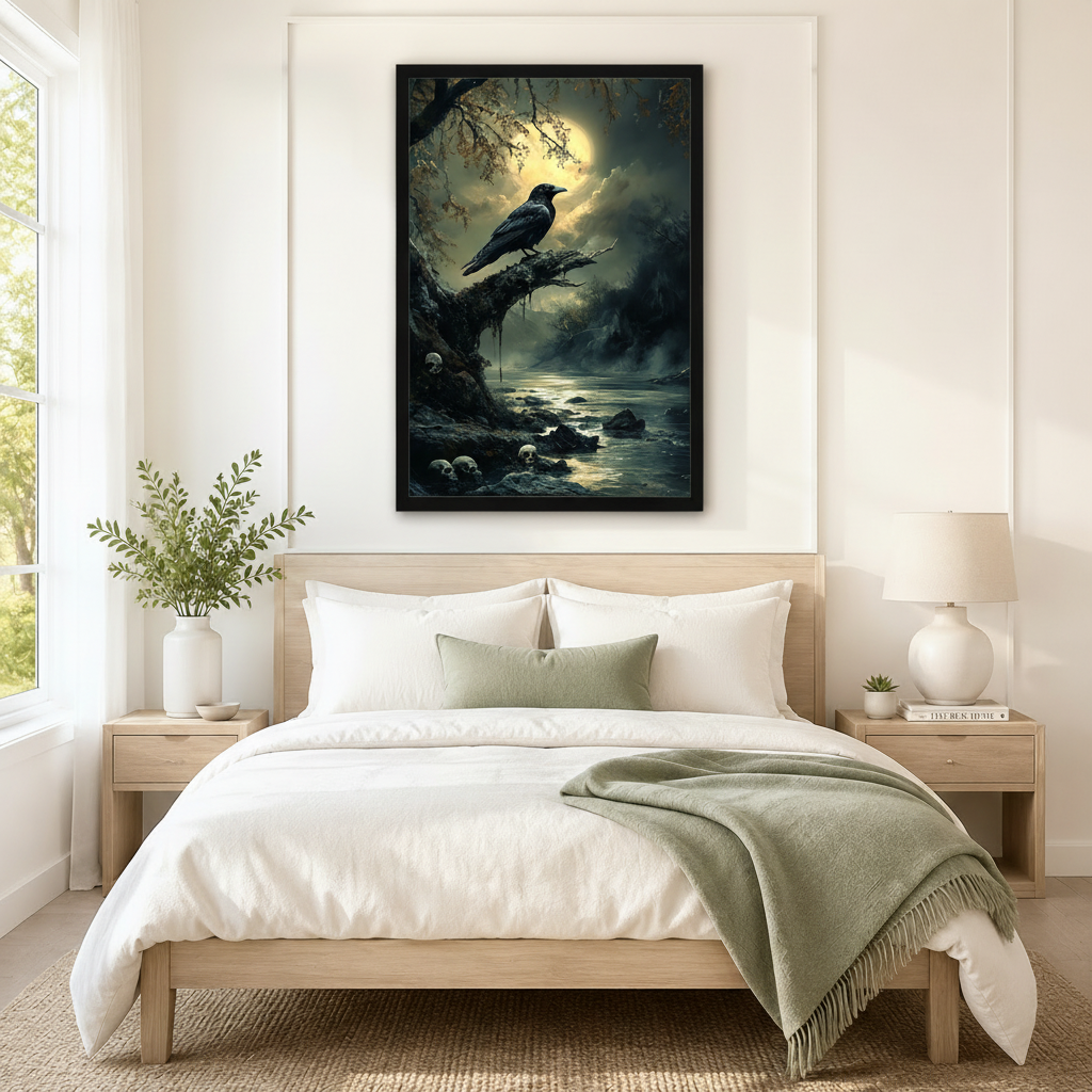 Gothic raven moonlit night framed canvas above Scandinavian bed — dark moody wall art for bedroom interior