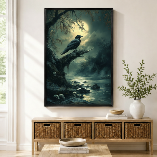 Gothic raven moonlit night framed canvas wall art displayed above wooden storage bench — dark moody home decor