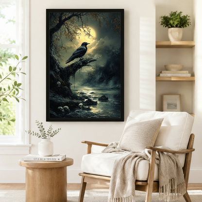 Dark gothic raven framed canvas art beside white armchair — moody atmospheric wall decor for reading nook or bedroom