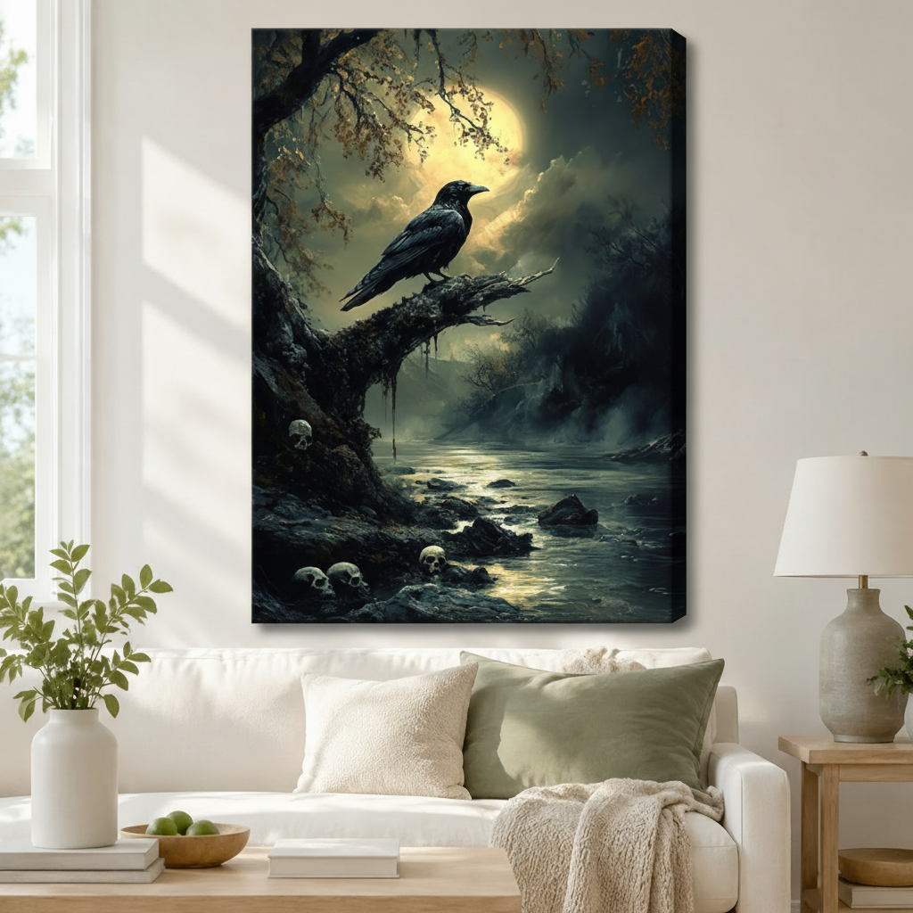 Gothic raven canvas print in modern living room above white sofa — atmospheric dark fantasy stretched canvas wall art