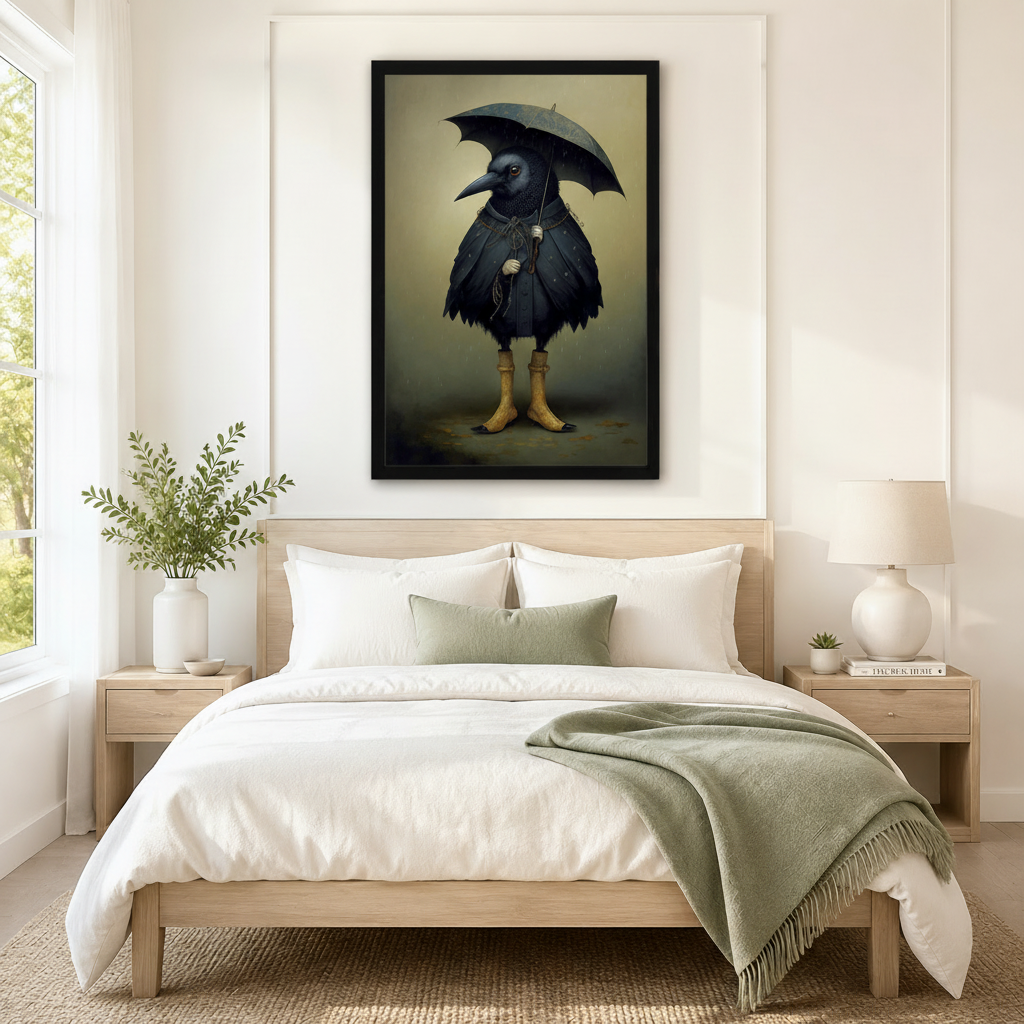 Gothic raven in yellow boots holding umbrella large framed canvas above bed — dark fantasy bird bedroom wall decor