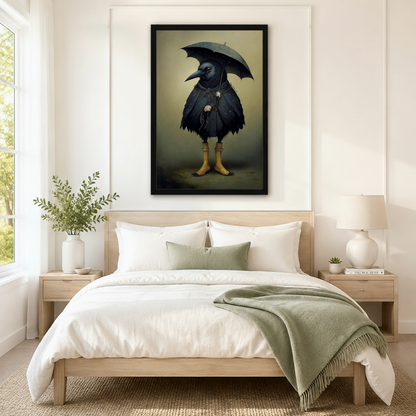 Gothic raven in yellow boots holding umbrella large framed canvas above bed — dark fantasy bird bedroom wall decor