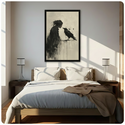 Gothic woman raven framed canvas print above bed in sunlit Scandinavian bedroom — moody dark academic charcoal ink illustration as dramatic bedroom statement wall art