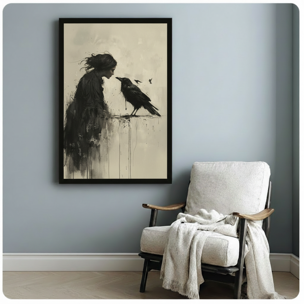 Framed gothic woman raven canvas art beside linen armchair on blue-gray wall — mysterious dark academic ink illustration for moody and witchcore home decor