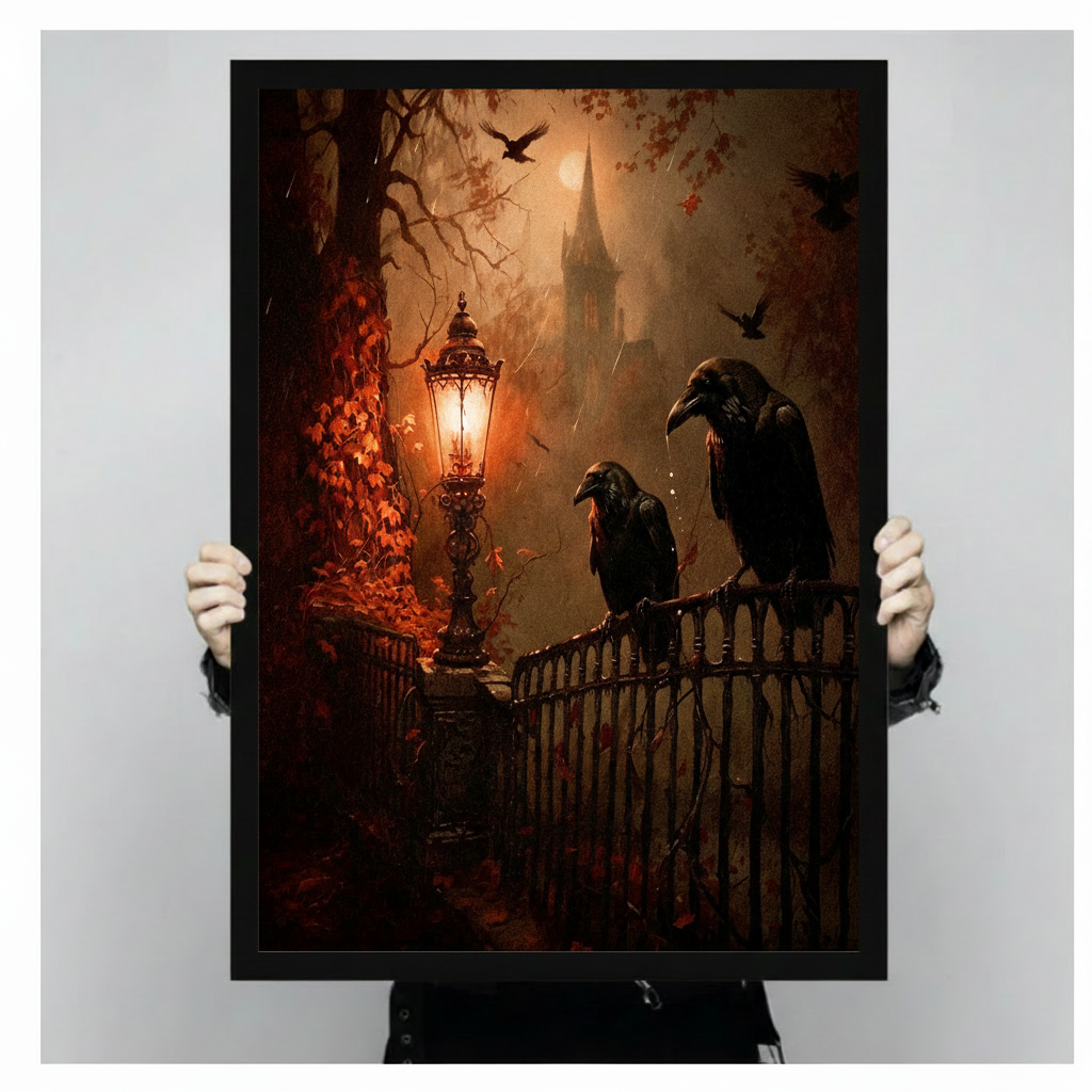 Gothic ravens iron gate dark fantasy canvas wall art in black frame held by person against neutral gray background, cinematic atmospheric painting of two black ravens on ornate Victorian iron gate beneath glowing gas lamp with crimson autumn ivy misty castle spire and ravens in flight