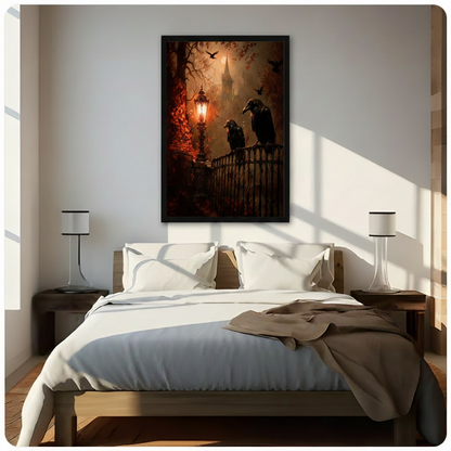 Gothic ravens iron gate dark fantasy framed canvas wall art above wooden bed with white bedding in sunlit modern bedroom with matching white bedside lamps, moody dark romantic painting of two ravens on Victorian iron gate with glowing amber lantern crimson ivy and misty gothic castle spire