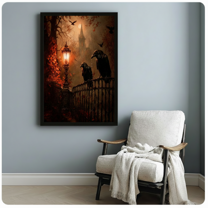 Gothic ravens dark fantasy framed canvas wall art in black frame on light blue-gray wall beside white linen armchair with wooden arms, moody atmospheric painting of two ravens perched on iron gate with glowing amber lantern and gothic castle in background