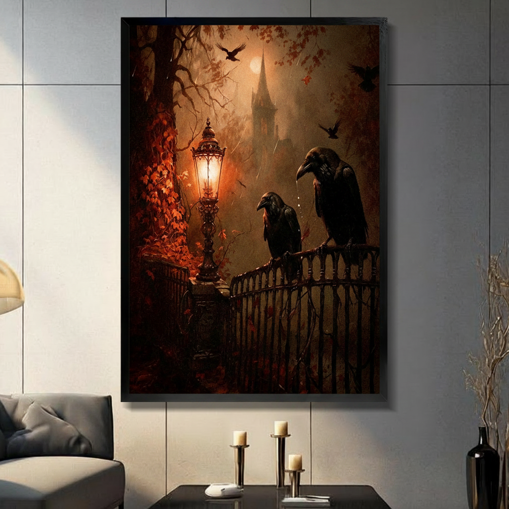 Gothic ravens iron gate dark fantasy framed canvas wall art in black frame on dark gray tile wall above candle holders and black vase in moody modern living room, two black ravens perched on Victorian ornate iron gate with glowing amber lantern crimson autumn ivy and misty castle spire