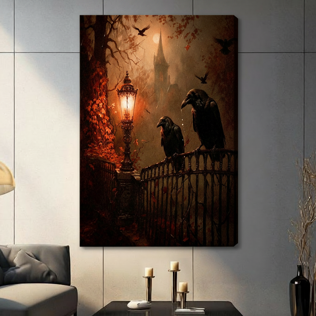 Gothic ravens iron gate dark fantasy stretched canvas wall art without frame on dark gray tile wall in contemporary living room with gray sofa candle holders and decorative vase, atmospheric painting of two ravens on Victorian iron gate with glowing lantern crimson ivy and misty gothic castle