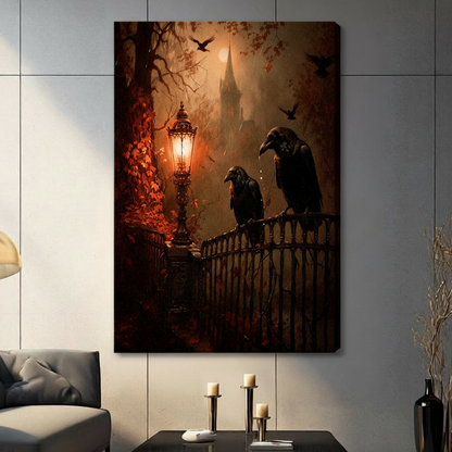 Gothic ravens iron gate dark fantasy stretched canvas wall art without frame on dark gray tile wall in contemporary living room with gray sofa candle holders and decorative vase, atmospheric painting of two ravens on Victorian iron gate with glowing lantern crimson ivy and misty gothic castle