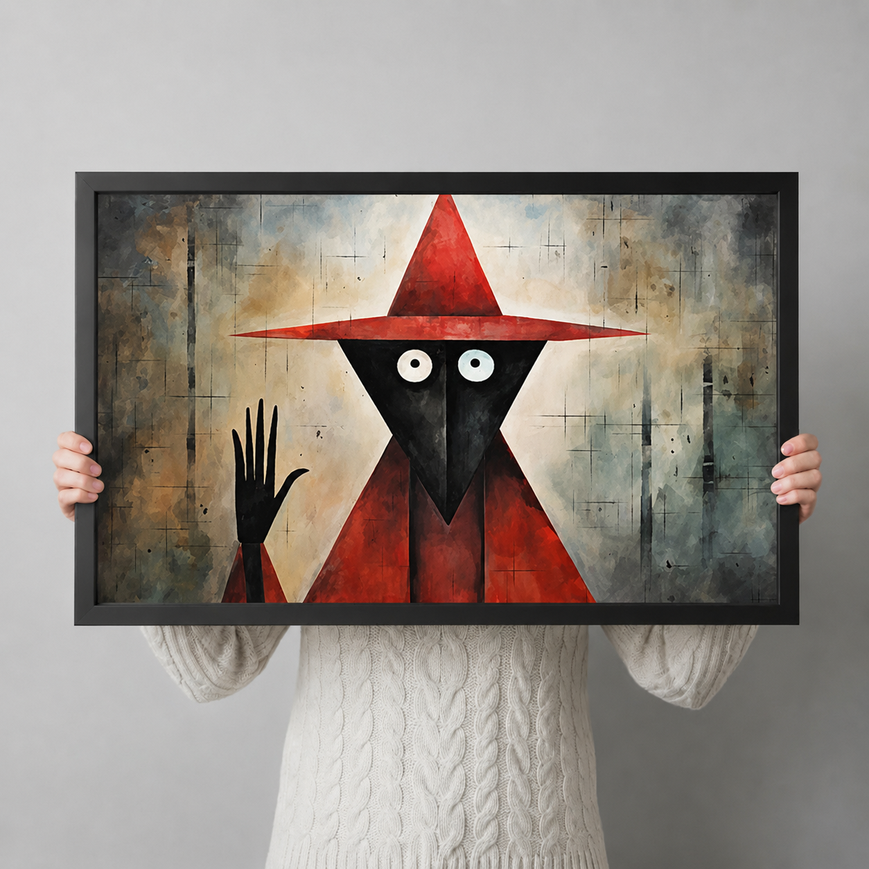 Person holding large gothic red wizard abstract framed canvas art showing size reference against neutral white background