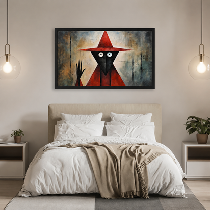 Abstract red wizard with pointed hat framed canvas wall art above bed as dramatic statement piece in neutral modern bedroom