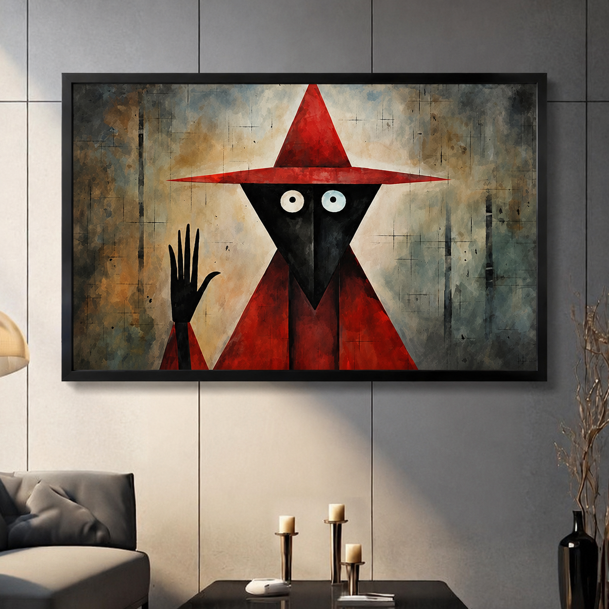 Gothic abstract red wizard with black face framed canvas wall art hung above console table in moody dark gray living room