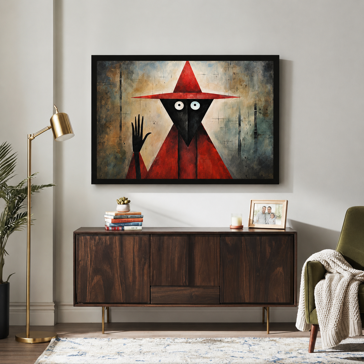 Surreal geometric red wizard black face canvas wall art in black frame above walnut sideboard in eclectic American living room