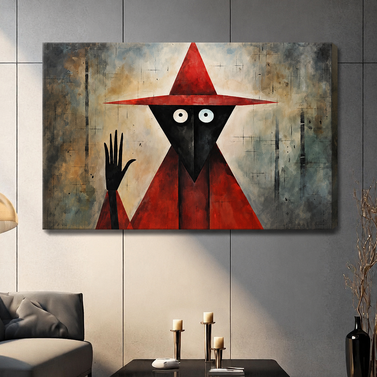 Mysterious geometric red wizard figure stretched gallery wrap canvas displayed on gray wall in contemporary living room setting