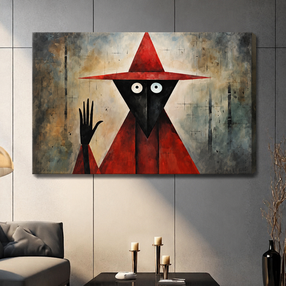 Mysterious geometric red wizard figure stretched gallery wrap canvas displayed on gray wall in contemporary living room setting