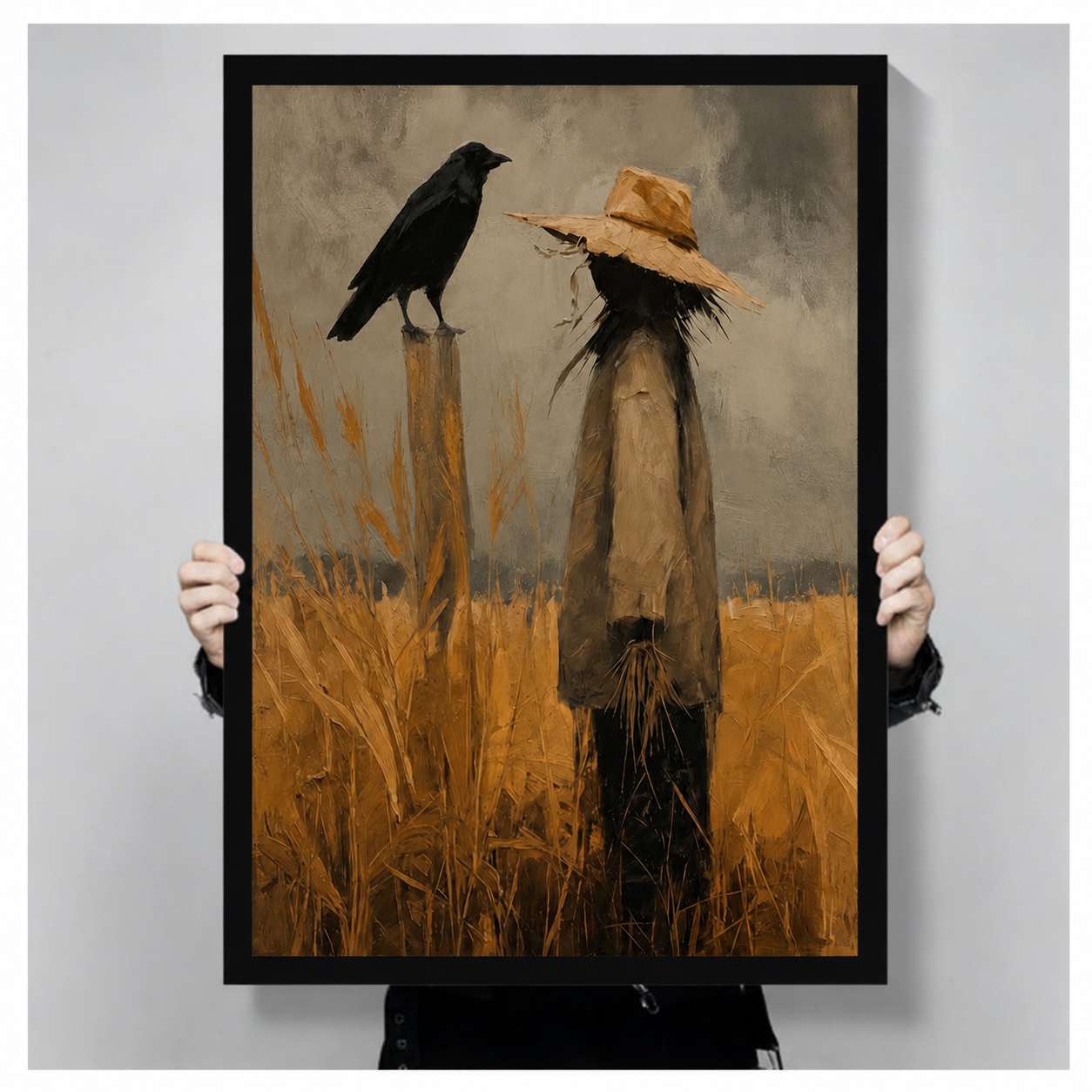 Gothic scarecrow and black crow oil painting print in black frame, hand-held product mockup showing dark rustic wall art size and quality