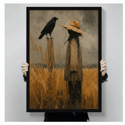 Gothic scarecrow and black crow oil painting print in black frame, hand-held product mockup showing dark rustic wall art size and quality