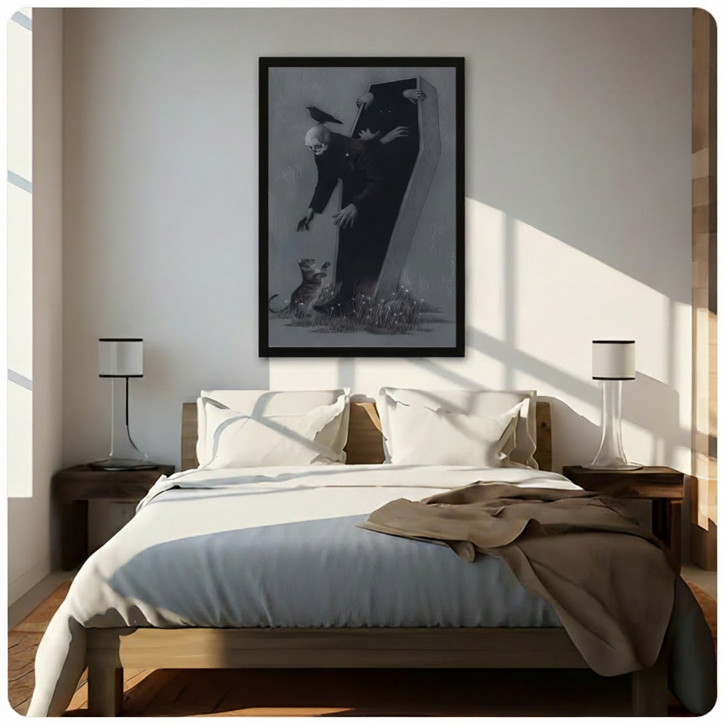 Framed dark gothic canvas art of a skeleton figure rising from a black coffin with a crow and small creature at its feet, displayed above a bed in a bright minimalist bedroom — moody dark academia wall decor