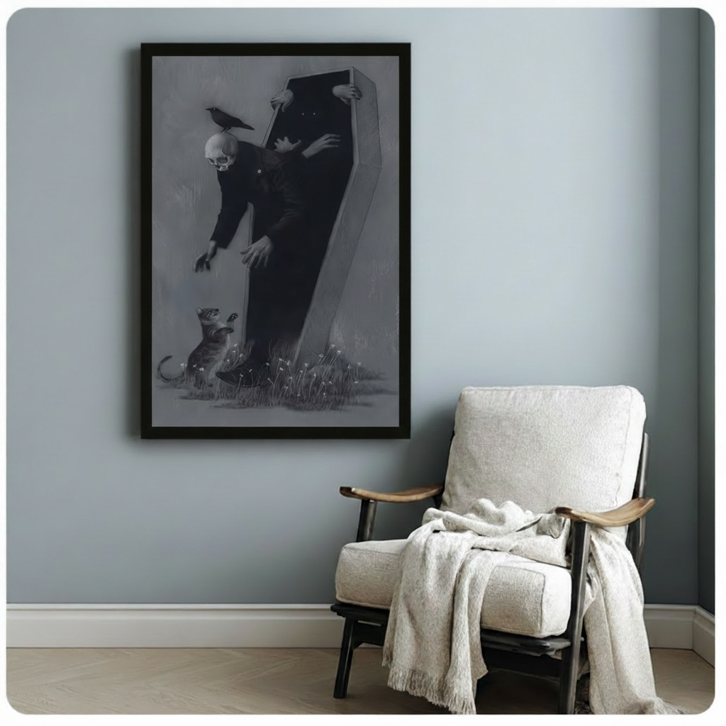 Framed gothic illustration canvas of a skull-headed figure leaning out of a dark coffin with a black crow and small animal companion surrounded by wildflowers, hung on a blue-grey wall beside a cozy linen armchair