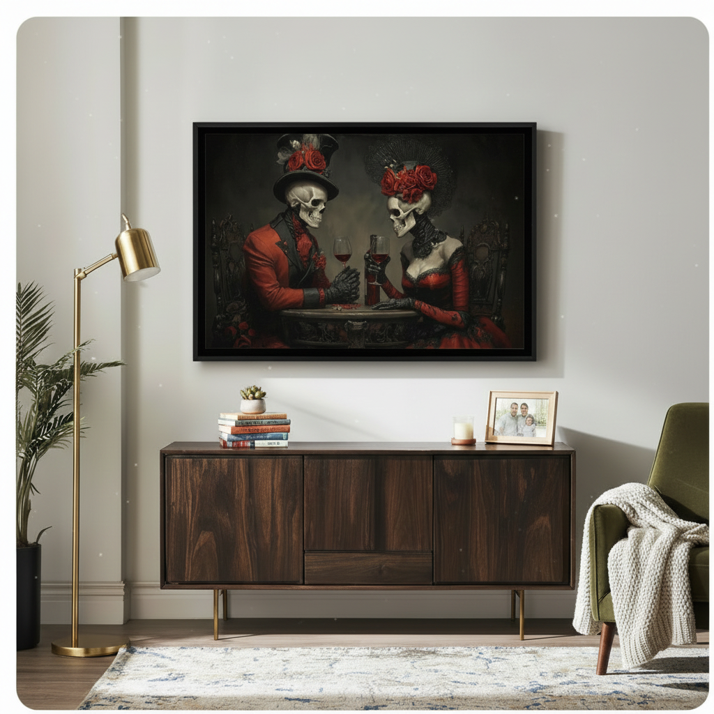 Dark romantic gothic skeleton couple oil painting style framed canvas wall art above wooden sideboard in eclectic living room
Notes: